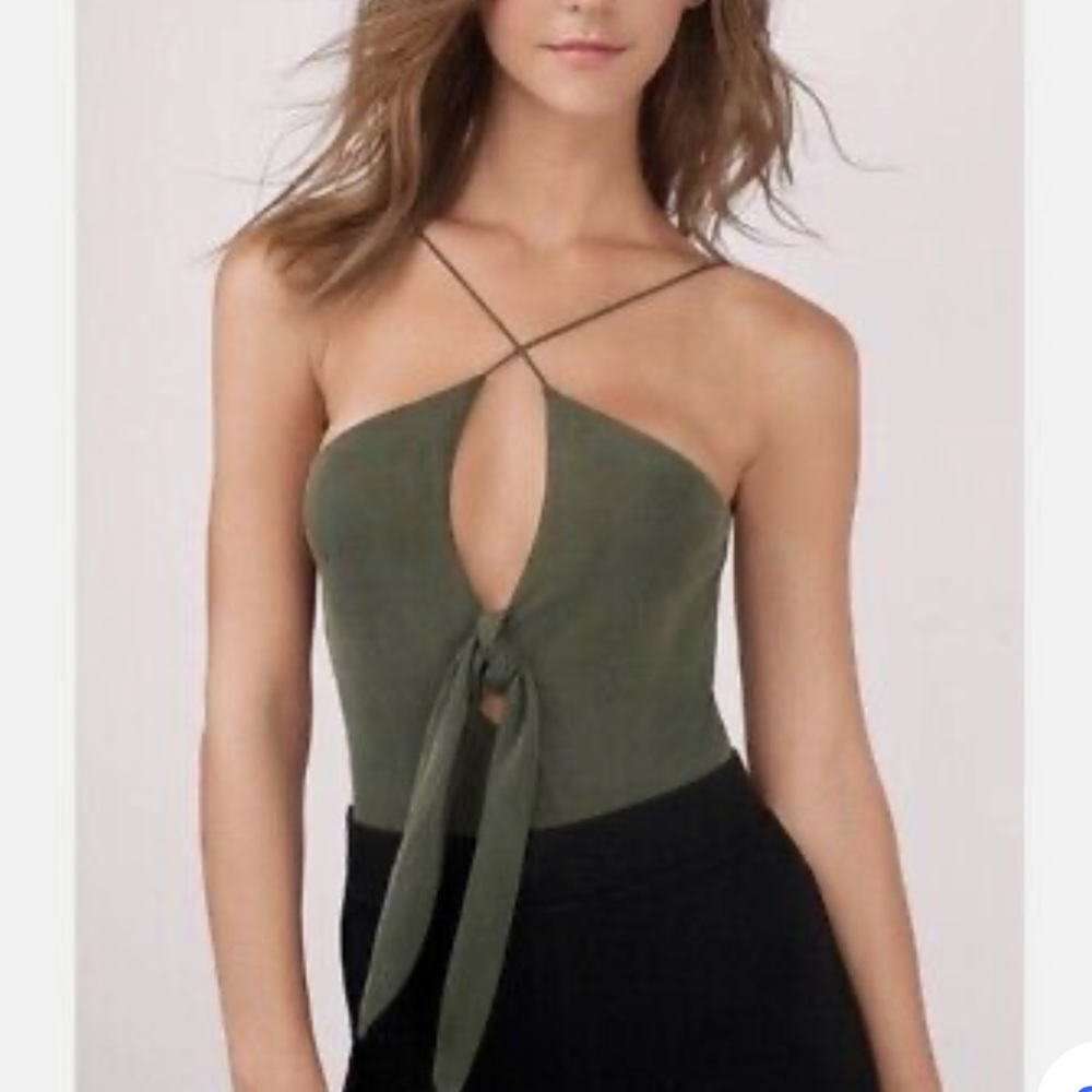 Stylestalker Revolve Thebes Olive Bodysuit Keyhole Army Green Suede Tie